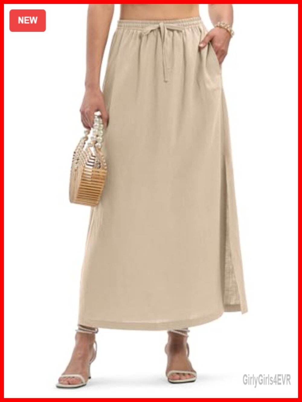 Women's Lyocell Linen Maxi Skirt Side Slit Elastic Waist Pockets